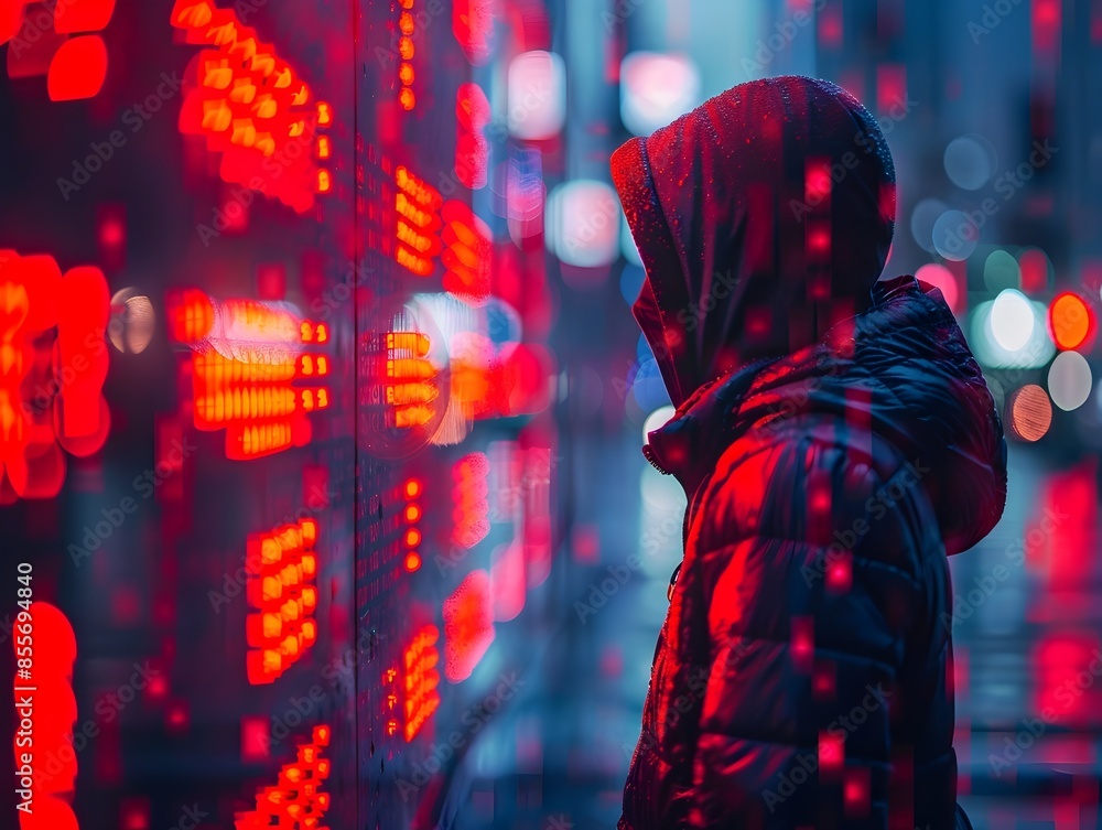 Poster hacker manipulating smart city infrastructure causing glitches in public systems