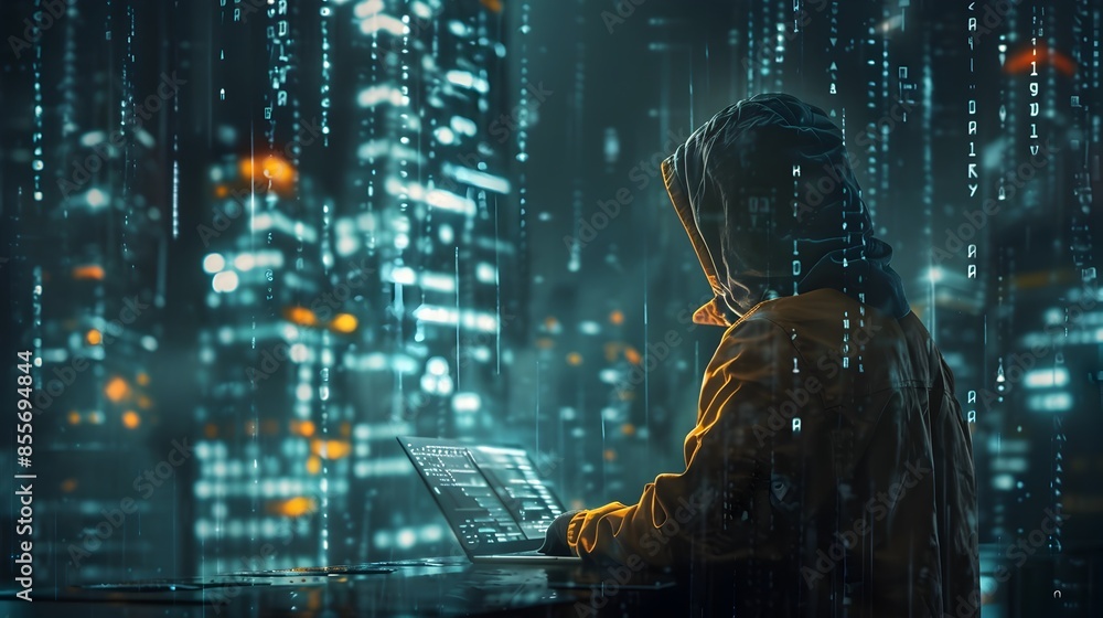 Poster hacker decoding intercepted message with encrypted data layers revealed in moody city landscape