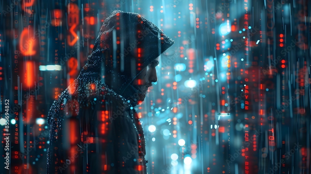 Poster hacker decodes intercepted encrypted message amid dramatic neon lit urban backdrop
