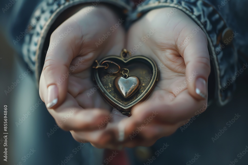 Wall mural cropped photo of someone holding a small heart locket,