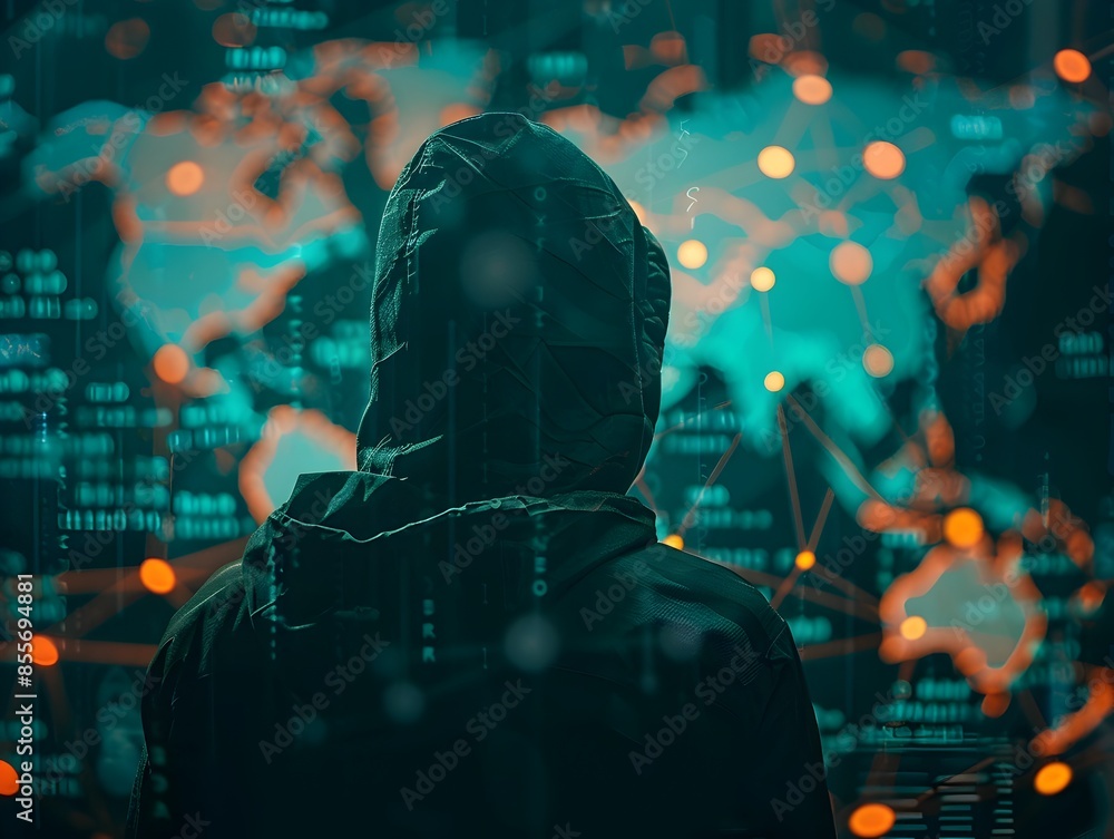 Poster hacker collaborating with global network of hackers digital maps showcasing worldwide connections