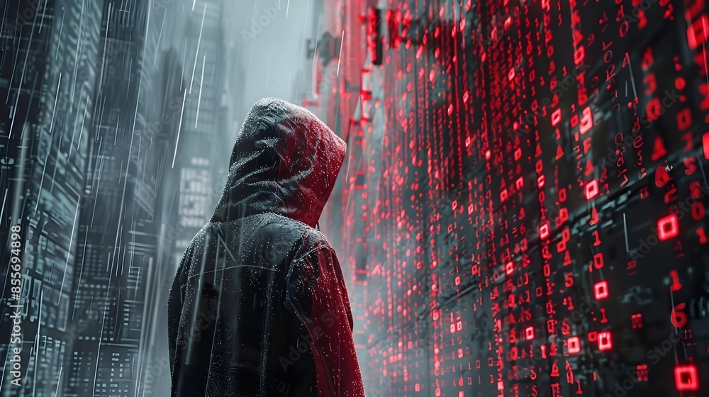 Poster hacker investigating software vulnerabilities for potential cyber attack