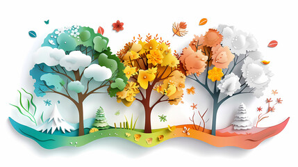 Four seasons tree isolated on white background, spring with flowers, green summer, yellow autumn, snow winter. Vector illustration. Paper cut cartoon style,