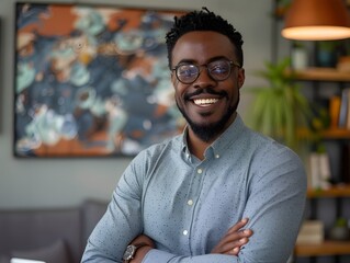 Obraz premium Proud Entrepreneur Smiling in Modern Office Space Symbolizing Business Growth and Achievement