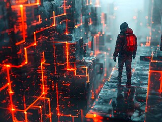 Hacker Evading Digital Traps and Firewalls in a High Tech Obstacle Course