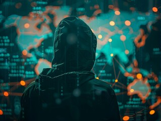 Hacker Collaborating with Global Network of Hackers Digital Maps Showcasing Worldwide Connections