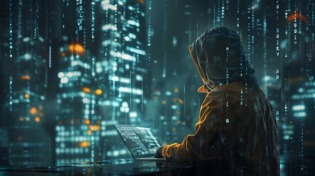 Hacker Decoding Intercepted Message with Encrypted Data Layers Revealed in Moody City Landscape