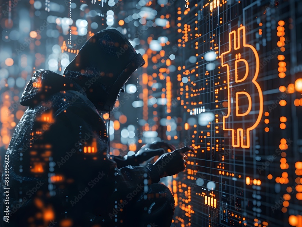 Poster hacker manipulating blockchain transactions and cryptocurrency exchanges concept with moody atmosphe
