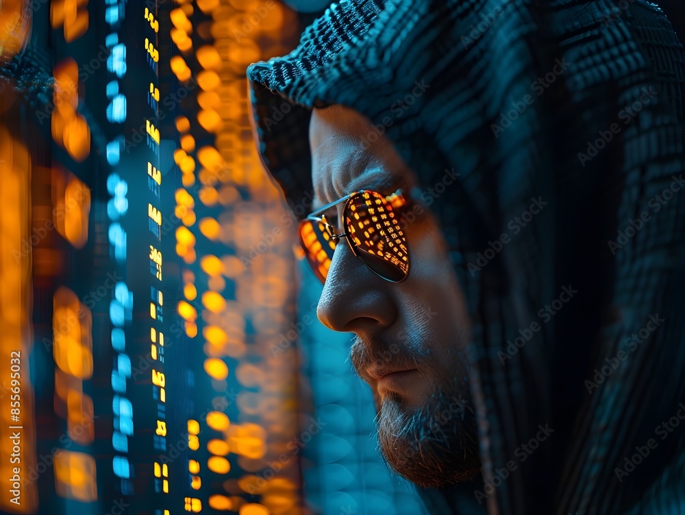 Poster hacker manipulating blockchain transactions and cryptocurrency exchanges in futuristic digital realm