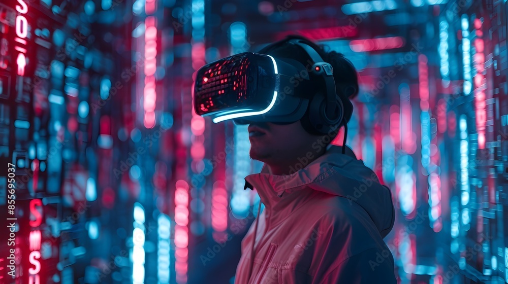 Poster hacker diving into the dark web using virtual reality headset