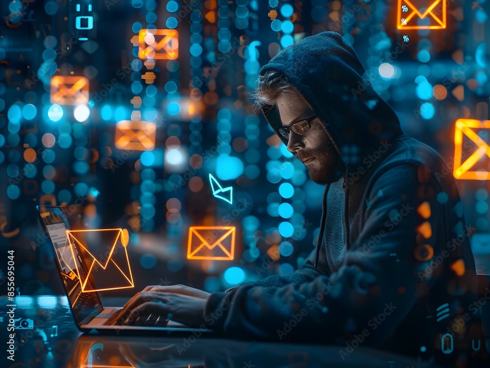 Poster sophisticated phishing attack visualization hacker deploying digital lures and bait emails