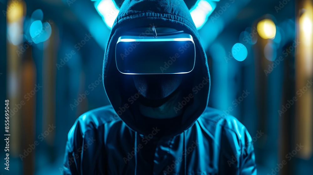 Poster hacker exploring the dark web using virtual reality headset