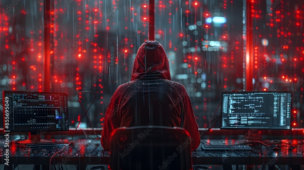 Poster hacker orchestrating cyber heist planning and executing digital robbery with precision