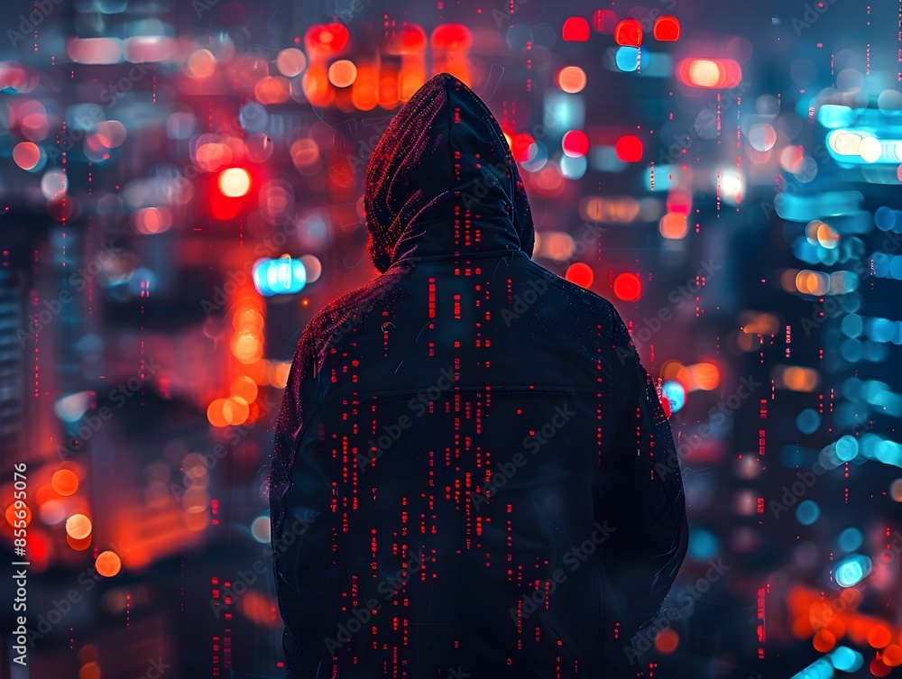 Poster hacker infiltrating a smart city s network causing chaos and disruption in a high tech urban environ
