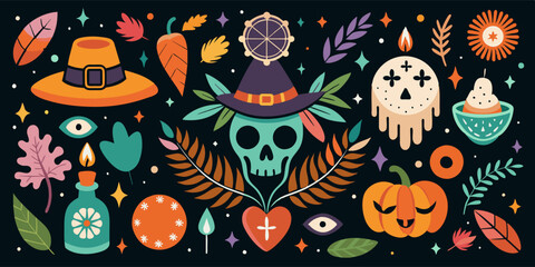A collection of Halloween icons displayed against a dark backdrop