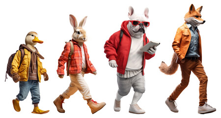 Fototapeta premium Animal character walking png element set on transparent background
