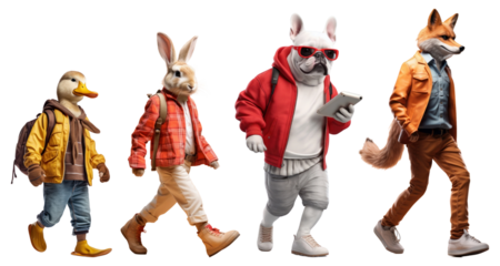 Animal character walking png element set on transparent background