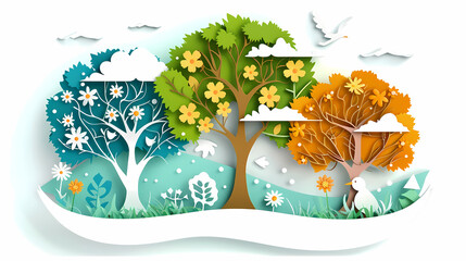 Naklejka premium Four seasons tree isolated on white background, spring with flowers, green summer, yellow autumn, snow winter. Vector illustration. Paper cut cartoon style,