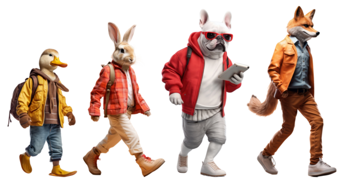 Animal character walking png element set on transparent background