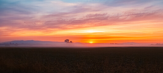 Foggy summer sunrise near Plattling, Isar, Deggendorf, Bavaria, Germany