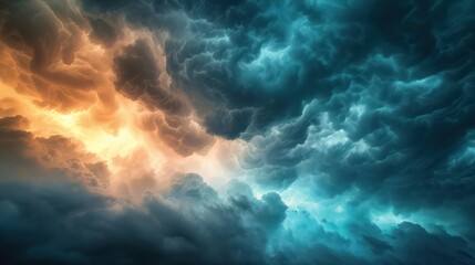 The sky is filled with dark clouds and a bright orange and blue streak