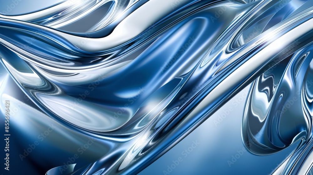Poster a captivating abstract composition featuring metallic blue liquid waves with reflective surfaces, cr