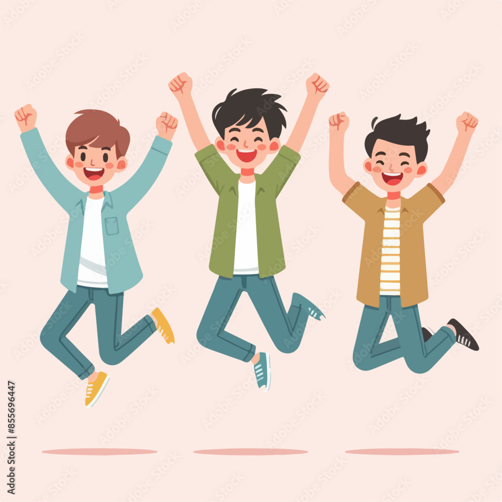 Wall mural illustration of 3 teenagers jumping enthusiastically. friendship day