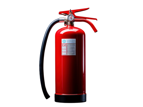 a red fire extinguisher with a hose