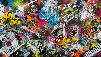 Fototapeta premium Vibrant street culture reflected through an urban graffiti wall adorned with colorful musical elements.