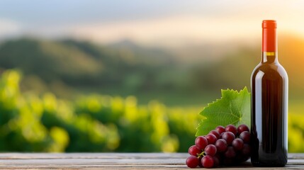 Fototapeta premium red wine bottle with grapes and vineyard background at sunset.
