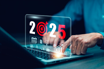 Businessman touch growth data chart arrow with diagram 2025 budget, Businessman pointing arrow graph corporate future growth year 2024 to 2025, Development to success and motivation.