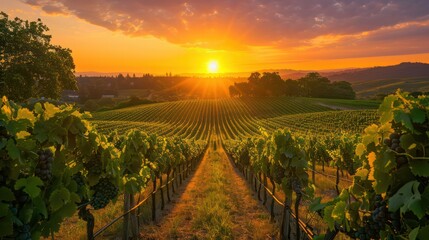 Fototapeta premium A beautiful sunset over a vineyard with a row of grape vines