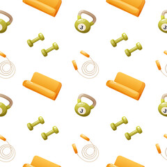 Seamless pattern on a white background with dumbbells, kettlebell, jump rope and sports mat. Fitness equipment. Illustration for wallpaper, textiles, packaging on the theme of a healthy lifestyle.