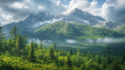 Obraz premium A mountain range with a cloudy sky and a few trees