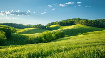 Obraz premium A serene countryside scene with rolling hills and a clear blue sky.