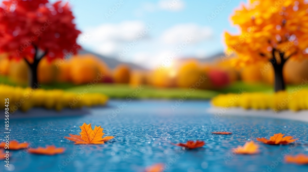 Poster autumn leaves floating on a still river with a blurred background of fall trees.