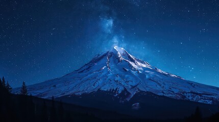 A mountain covered in snow and a sky full of stars