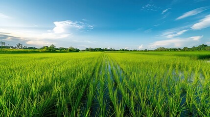 Obraz premium A tranquil rice field with young green shoots and a clear blue sky.