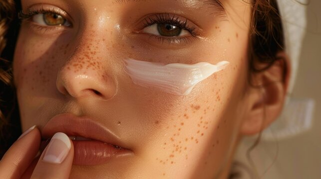 A woman with flawless skin gently applying a brightening under-eye cream, showcasing a morning skincare routine for a fresh start.