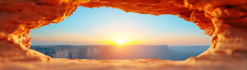 Fototapeta premium golden hour sunset through cave window with canyon view.