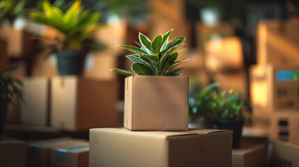 Green plant in cardboard box on stack of boxes in room.