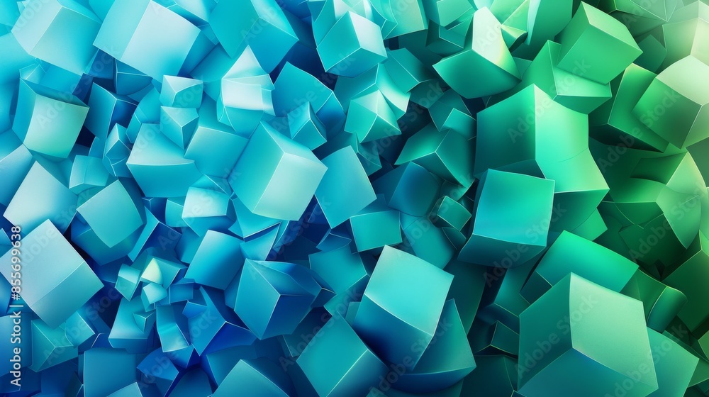Poster abstract 3d cubes in shades of blue and green, creating a dynamic geometric pattern with a modern, t