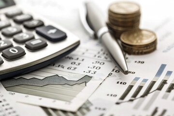 top view of businessman analyzing investment charts with laptop and smartphone at workplace Coins, calculator and financial documents. Business and finance concept