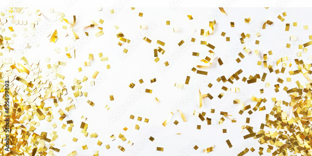 Poster Shiny golden confetti falling on white background