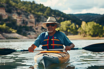 Elderly man kayaking on a serene lake surrounded by nature