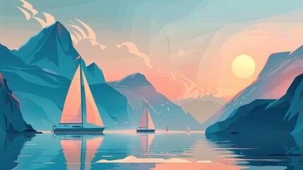Naklejka premium The flat illustration showcases a stunning blend of mountainscapes and sailboats gracefully navigating the water