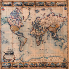 old nautical world map 19e century