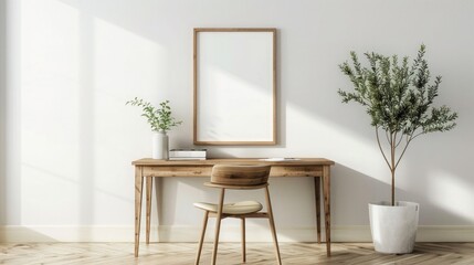 Interior of modern living room with white walls, concrete floor, wooden mock up poster frame and plants