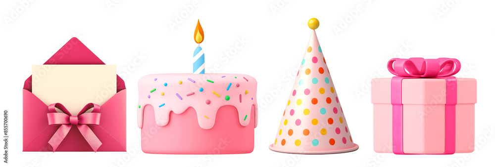 Poster 3d birthday objects png element set on transparent background