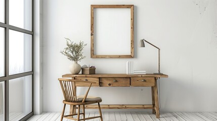 Interior of modern living room with white walls, concrete floor, wooden mock up poster frame and plants